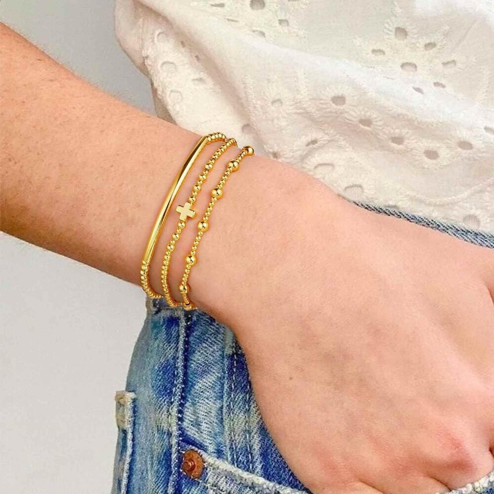 Gold Cross Bead Bracelets Set for Women Girls Dainty Layered Jewelry Gift - Picture 6 of 7